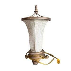Legacy Antique Gold Table Lamp Damask Fabric Shade Finial 14.5" Art Deco Vintage